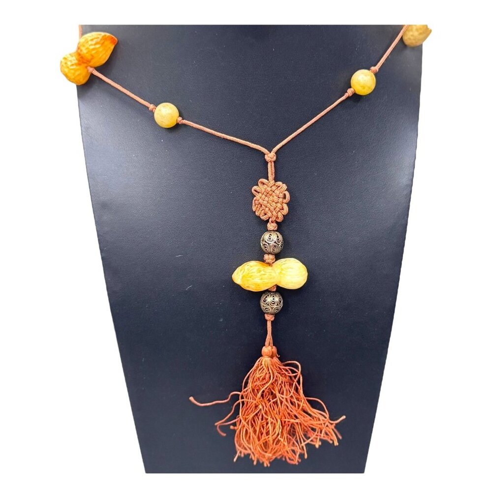 Handcrafted Beaded Necklace Jade Brown Tassel Natural Stones Carved Peanut Seed